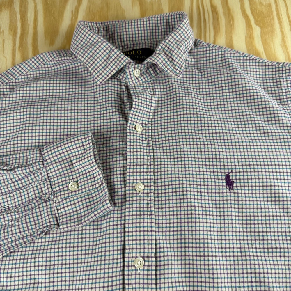 Polo Ralph Lauren Mens Check Button Down Shirt Purple Teal Long Sleeve L